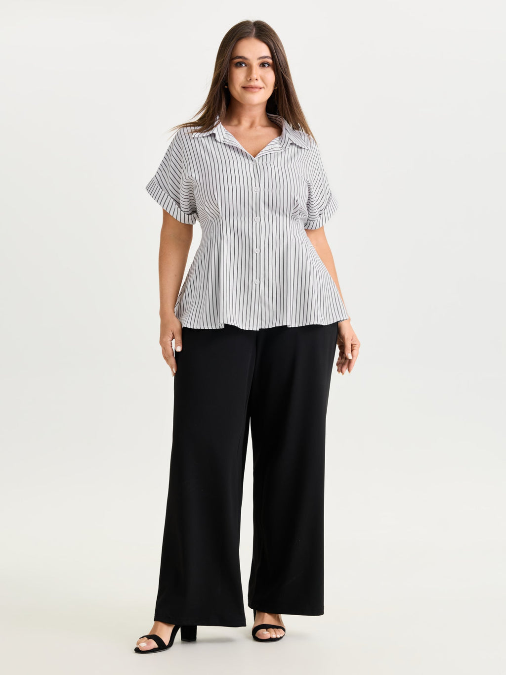Striped Print Cinched-Waist Button-Down Shirt