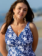 Monochrome Floral Print Wide-Strap One-Piece Swimsuit