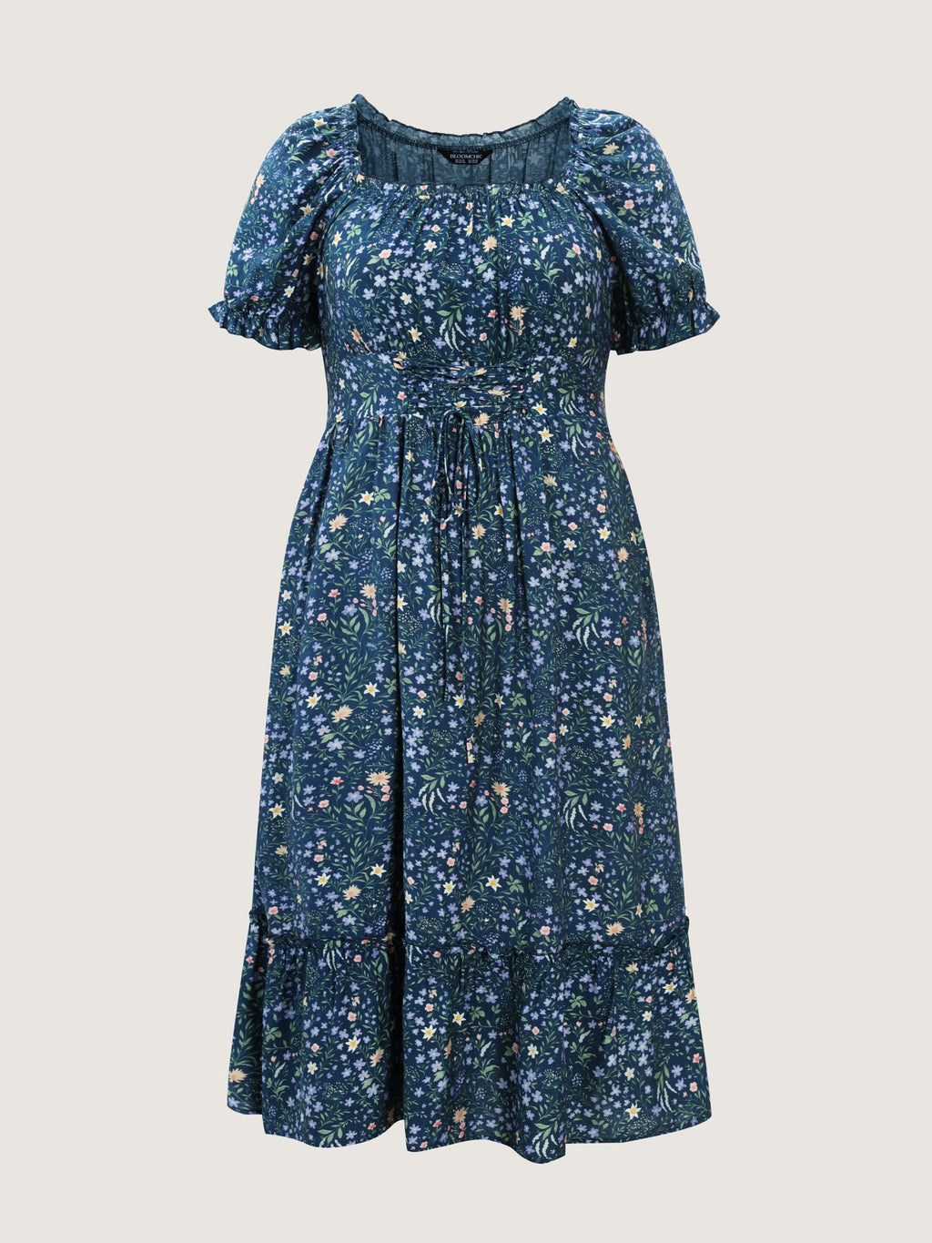 Floral Print Puffy Sleeve Cinched-Waist Midi Dress