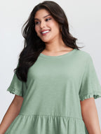 Lace Trim Ruffled Hem Plain Knit Top