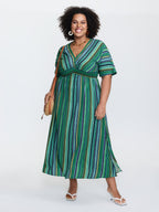 Striped Contrast Dolman Sleeve Shirred Pocket Split Flutter Dress