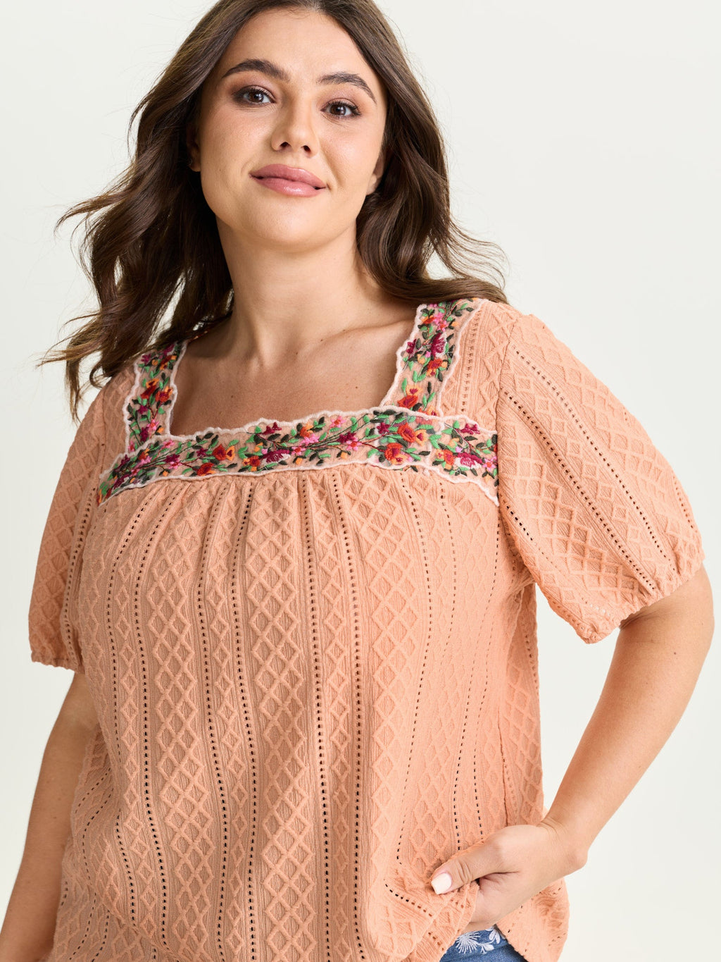 Eyelet Trim Floral Embroidered Solid T-Shirt