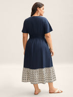 Cotton Color Block Cinched-Waist Spliced Midi Dress
