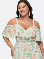 Ditsy Floral Pocket Wrap Cold Shoulder Ruffle Dress