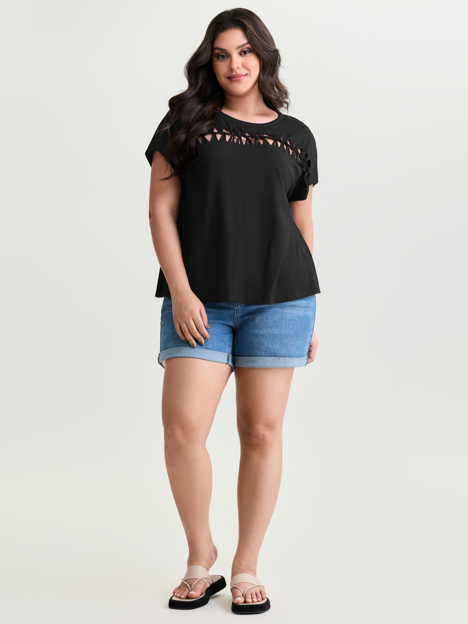 Cotton Stretchy Cut-Out Neckline Layered T-Shirt