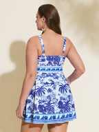 Floral Surplice Neckline Pockets Swim Dress