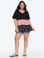 Color Contrast Floral Print Tiered Top