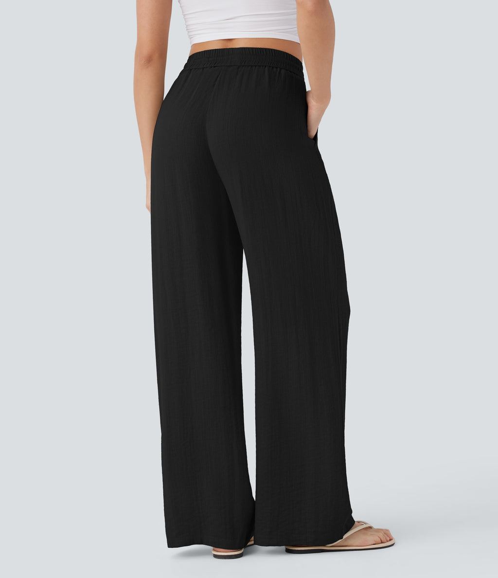 2026🔥 High Waisted Drawstring Pocket Wide Leg Casual Linen-Feel Pants