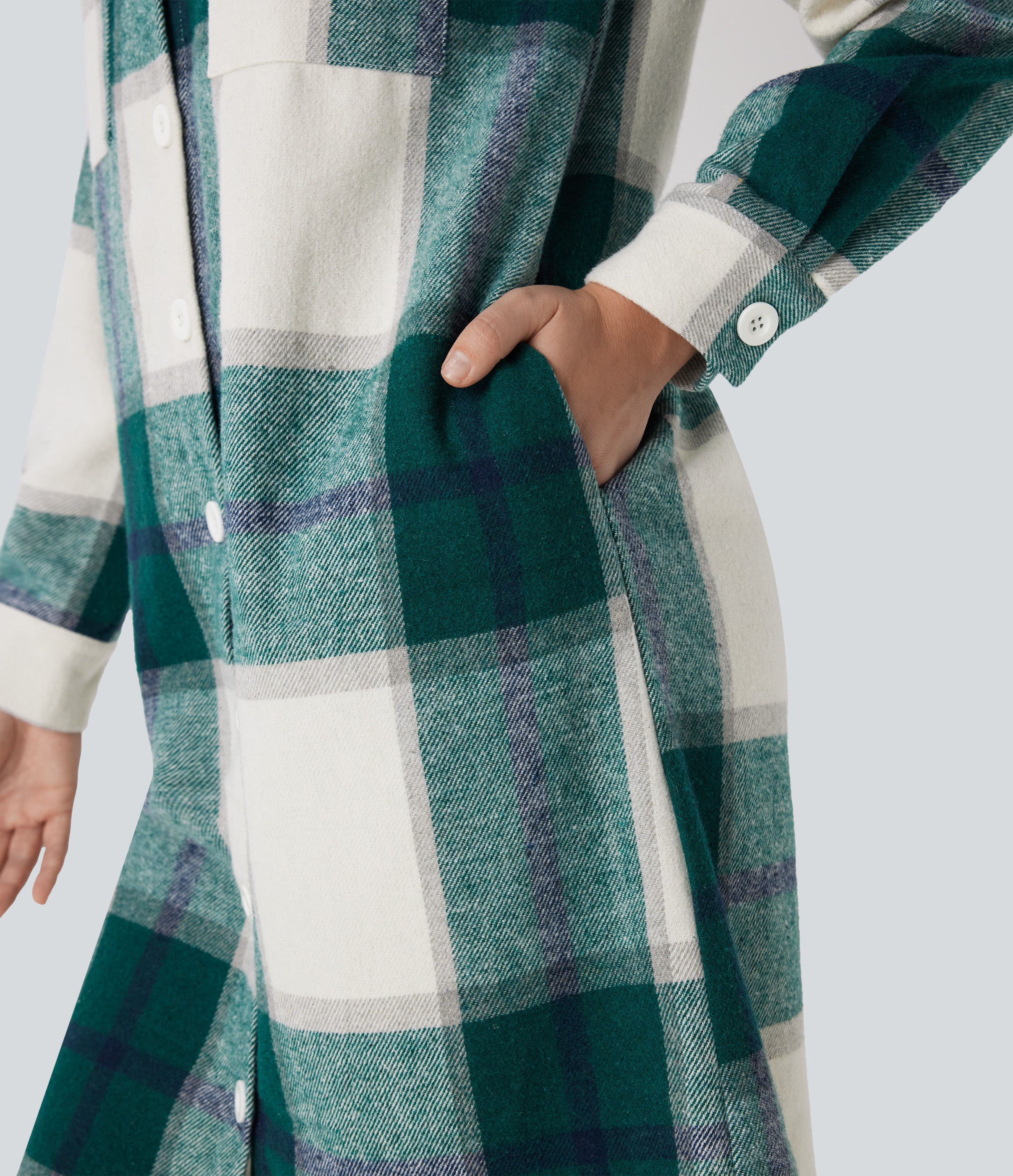 Plaid Curved Hem Longline Casual Jacket with Pockets
