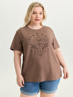 Cotton Star Print Round Neck Curvy Hem T-Shirt