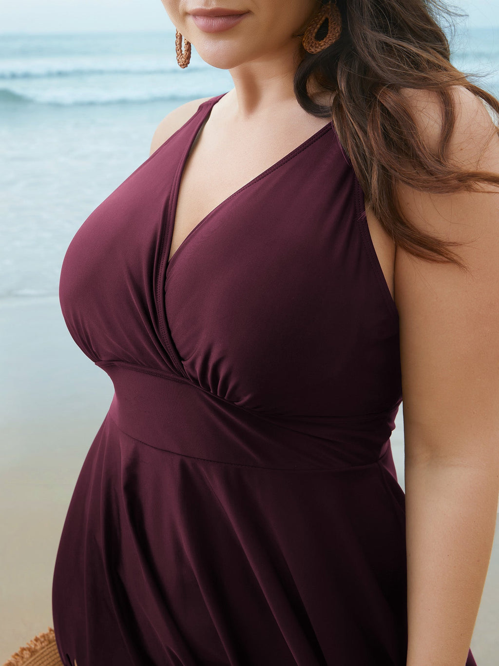 Laser Cut Surplice Neck Waist-Cinched Swim Dress