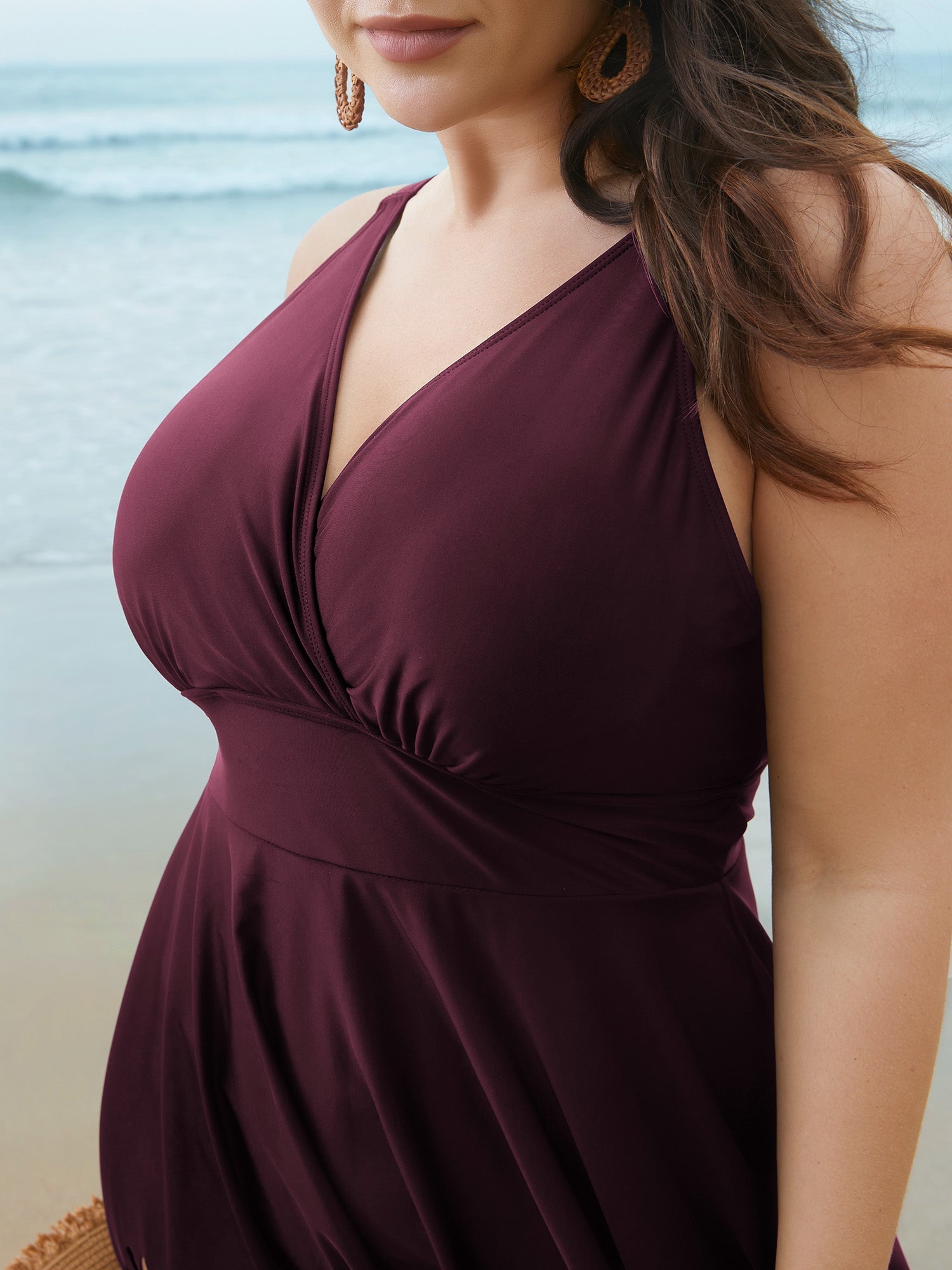Laser Cut Surplice Neck Waist-Cinched Swim Dress