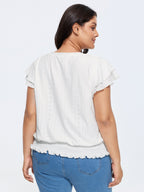 Shirred Hem Eyelet Textured T-Shirt
