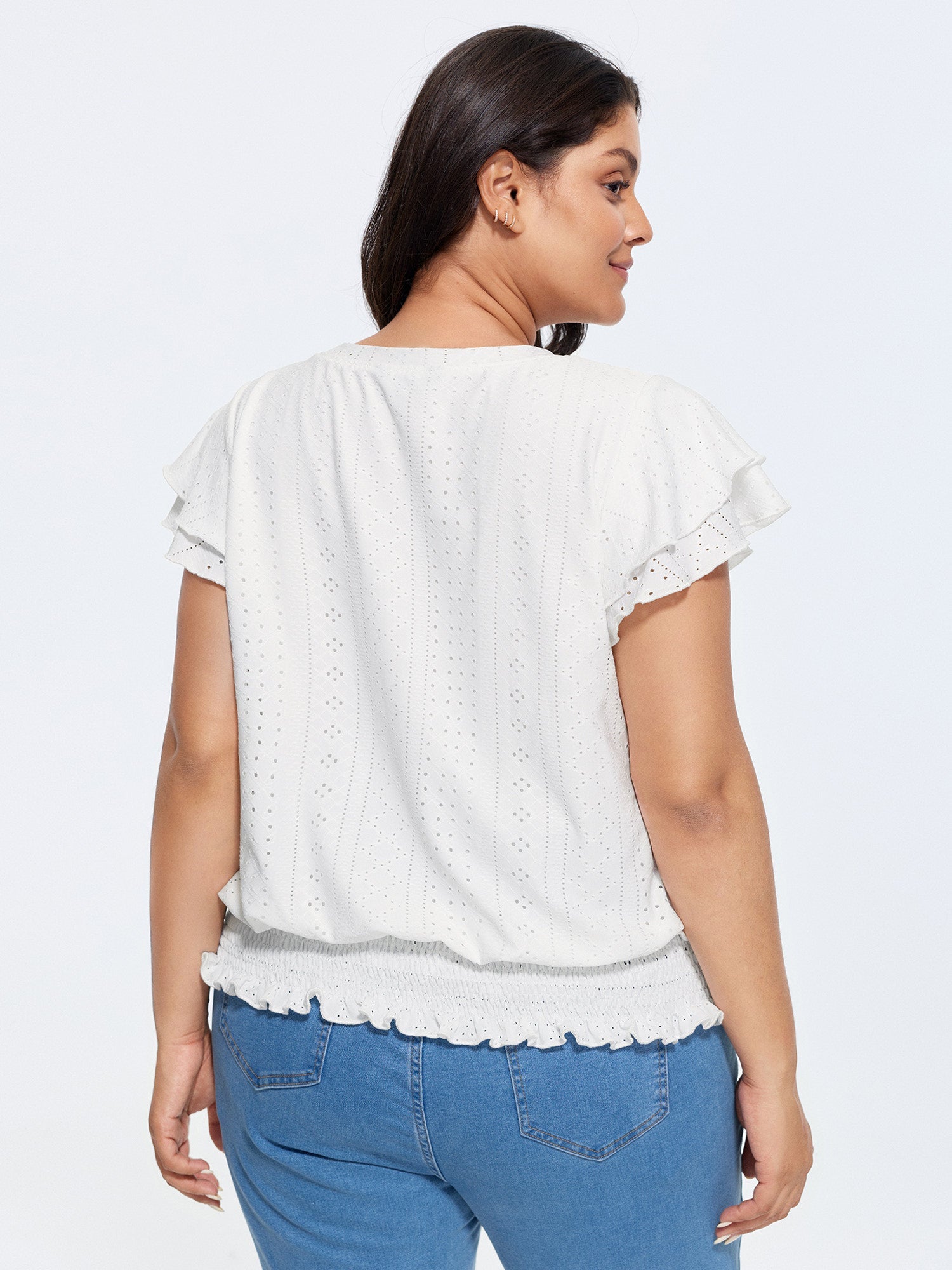 Shirred Hem Eyelet Textured T-Shirt