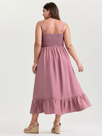 Twist-Front Shirred Back Ruffled Hem Midi Dress