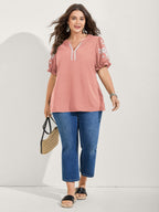 Notched Collar Embroidered Ruffled Blouse