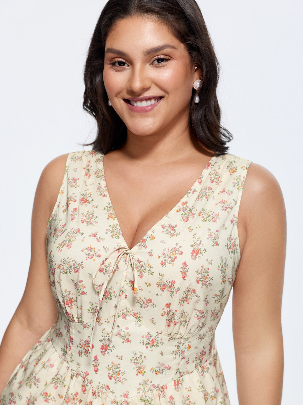 Sweet Floral Print Cinched-Waist Midi Dress