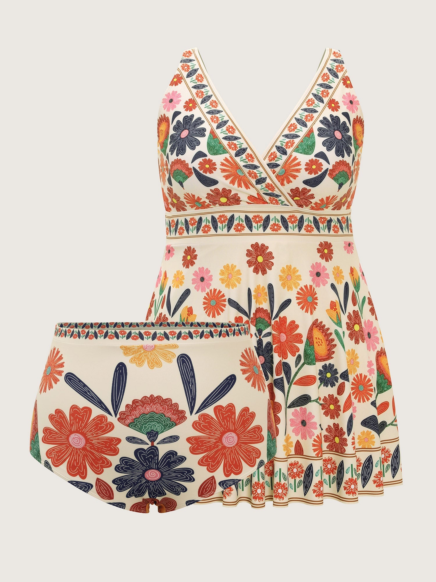 Floral Surplice Neckline Pockets Swim Dress