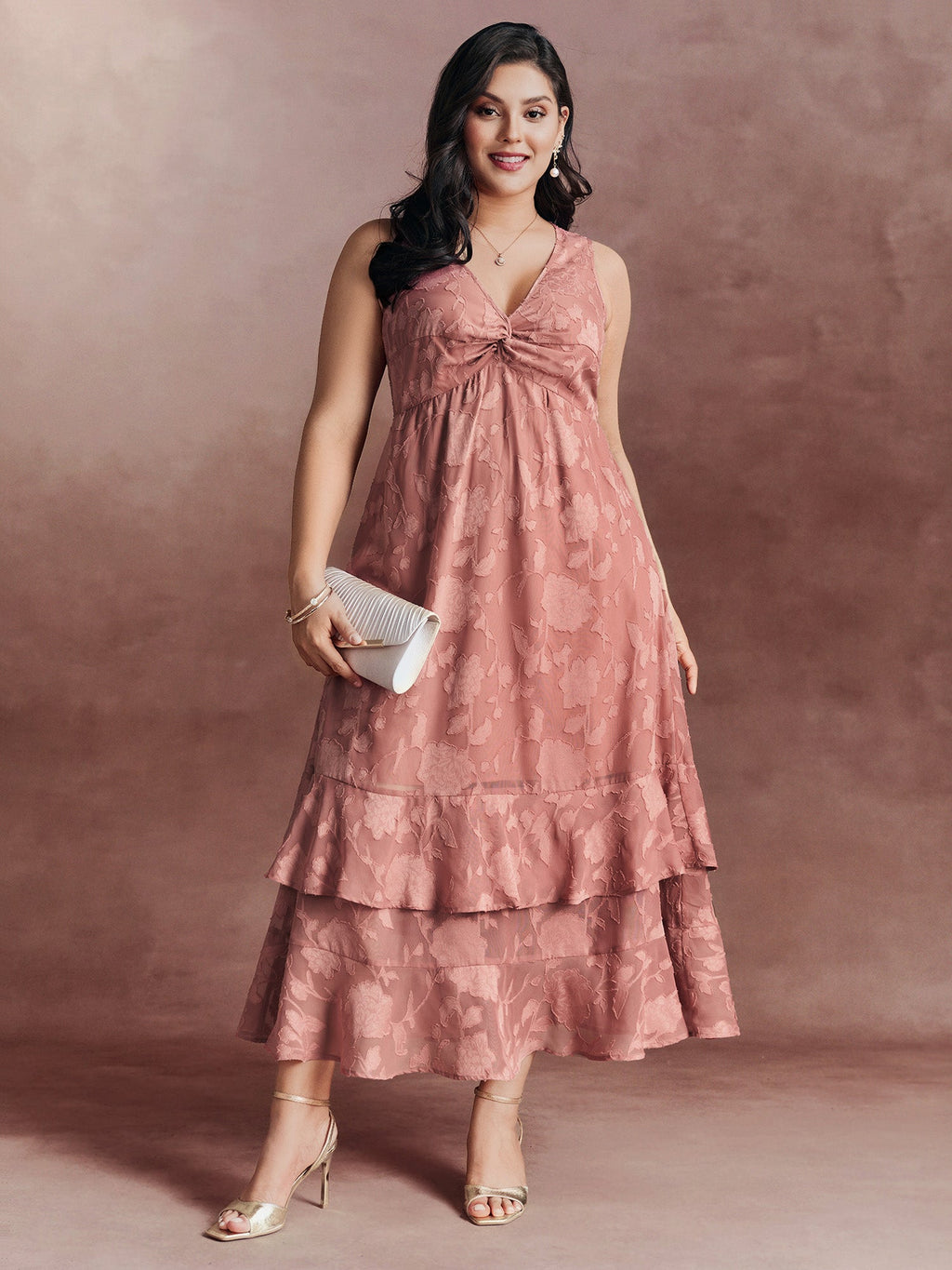 Floral Charm Twist-Front Jacquard Maxi Dress