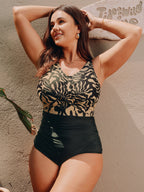 Mesh Sarong Set Abstract Print One-Piece Swimsuit