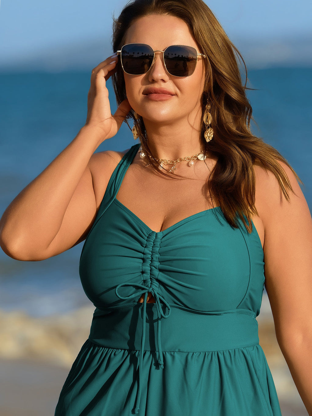 Cut-Out Drawstring Pockets Swim Romper