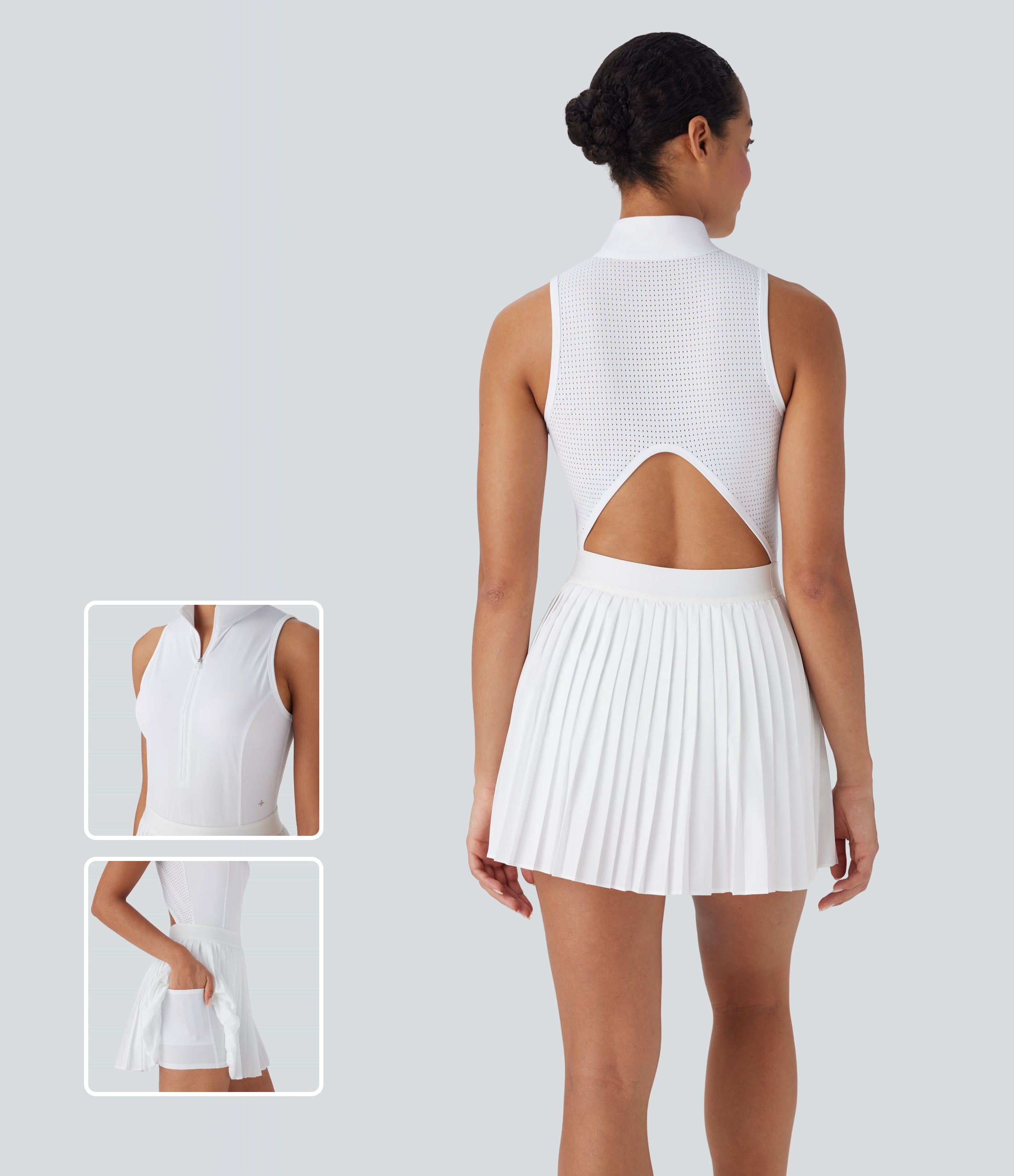 BreezefulTM Sleeveless Cut Out 2-in-1 Pleated Quick Dry Mini Tennis Active Dress with Pockets