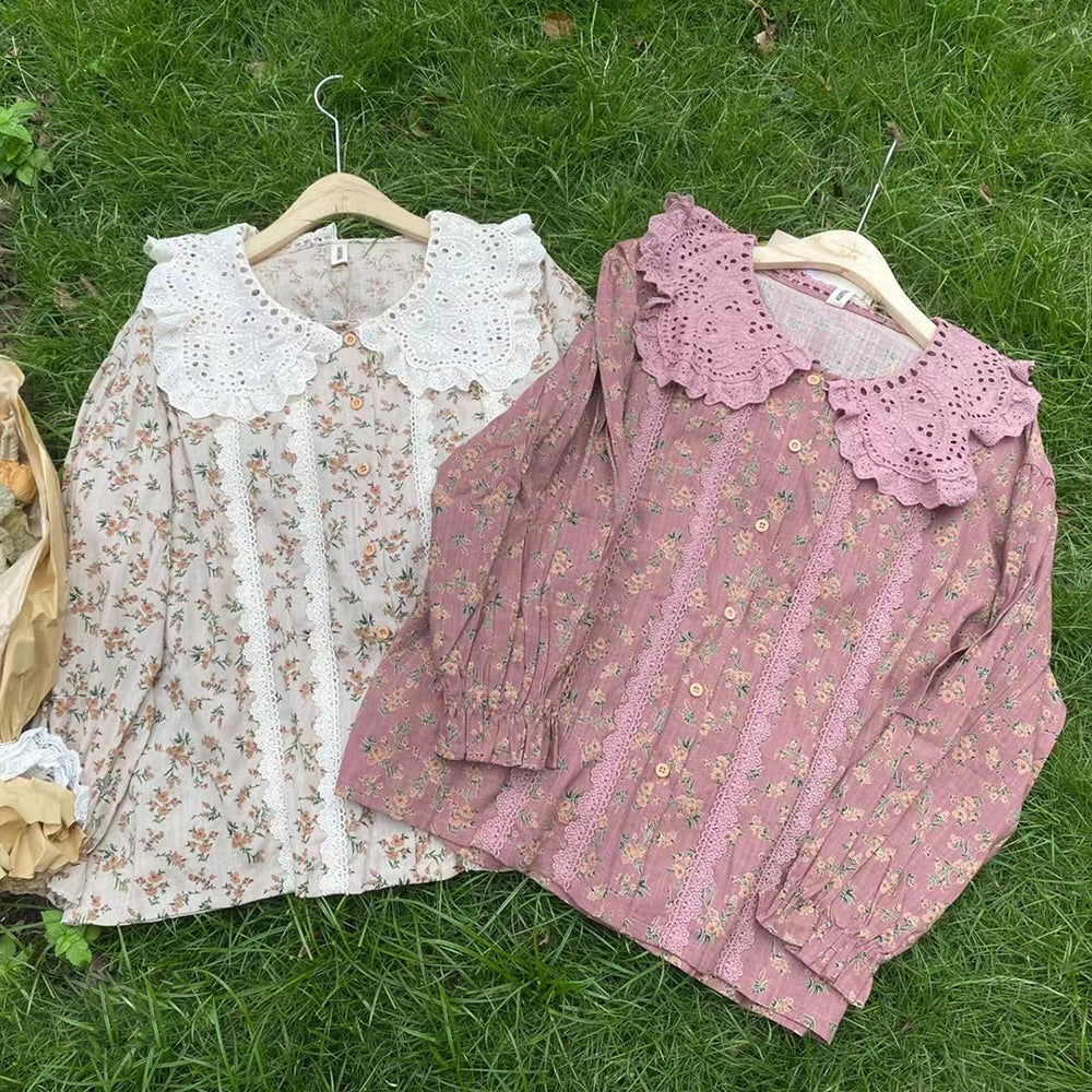 Eyelet Lace Collar Floral Shirt