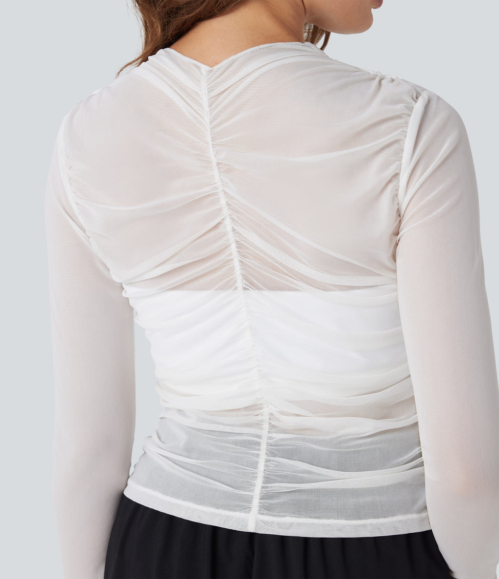 Sheer Mesh Crossover V Neck Ruched Casual Top