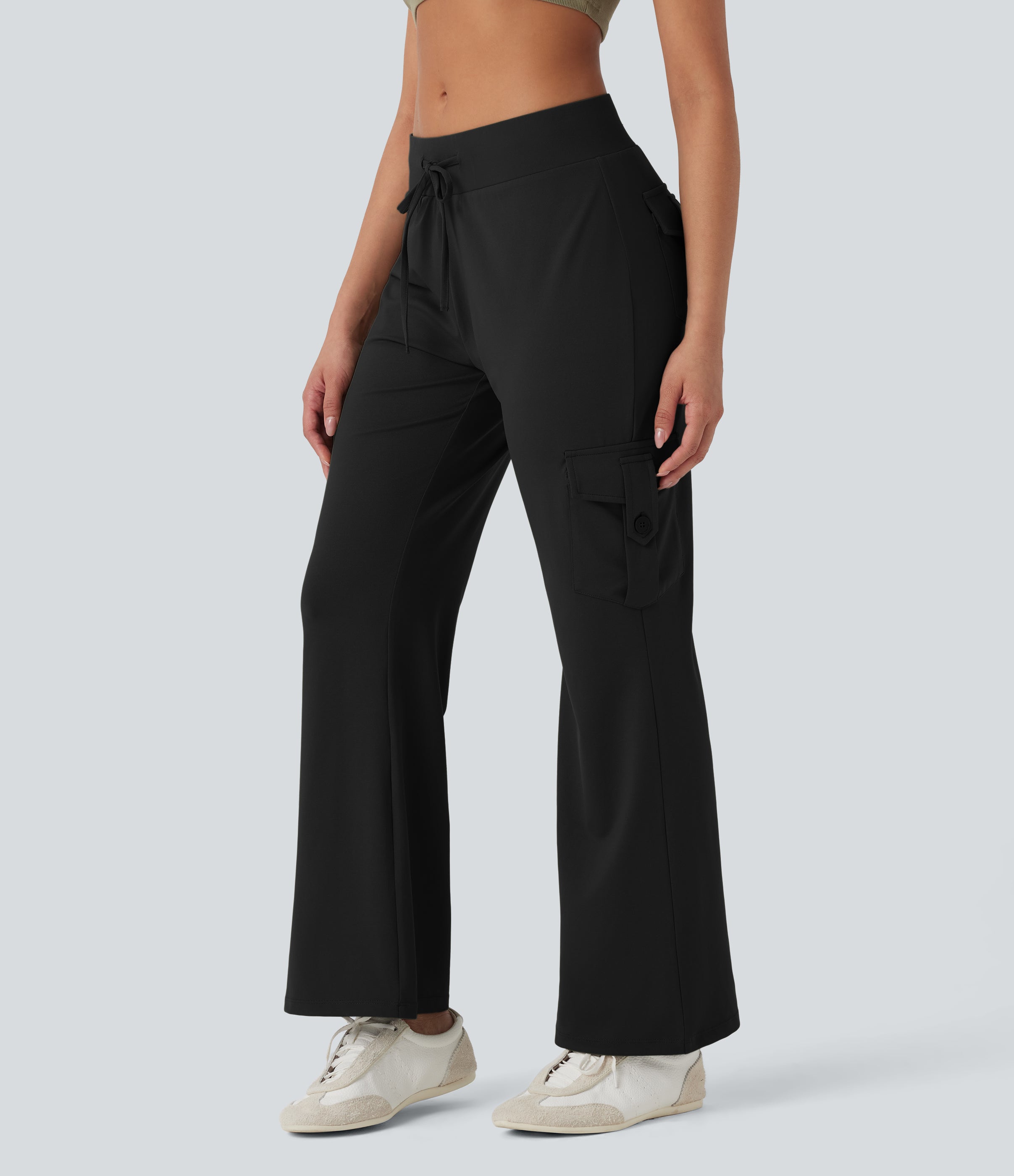 Low Rise Drawstring Casual Bootcut Cargo Pants with Pockets