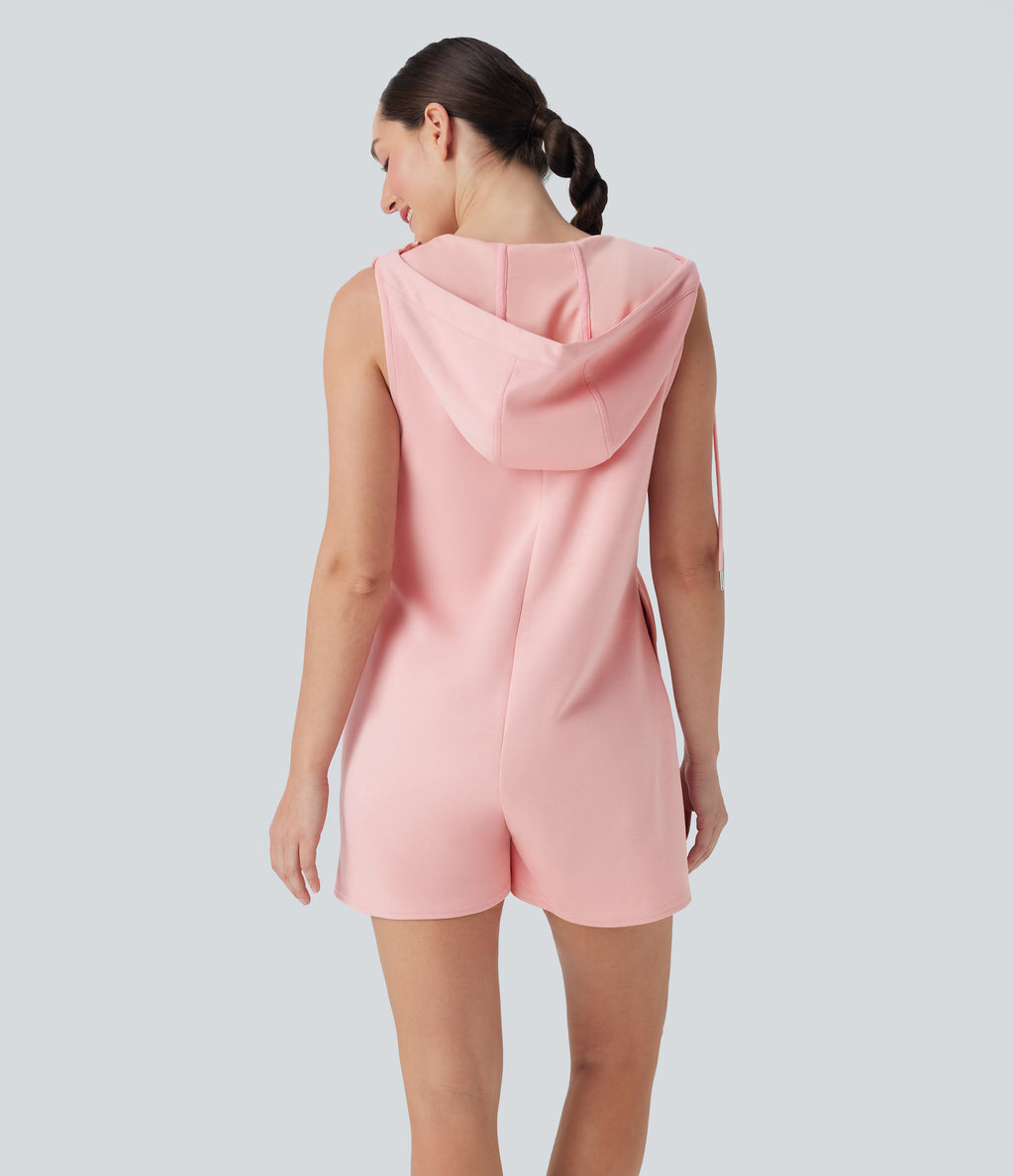 Hooded Sleeveless Zipper Casual Jumpsuit with Pockets