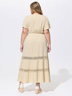 Linen Blend Lace Trim Button Detail Plain Maxi Dress