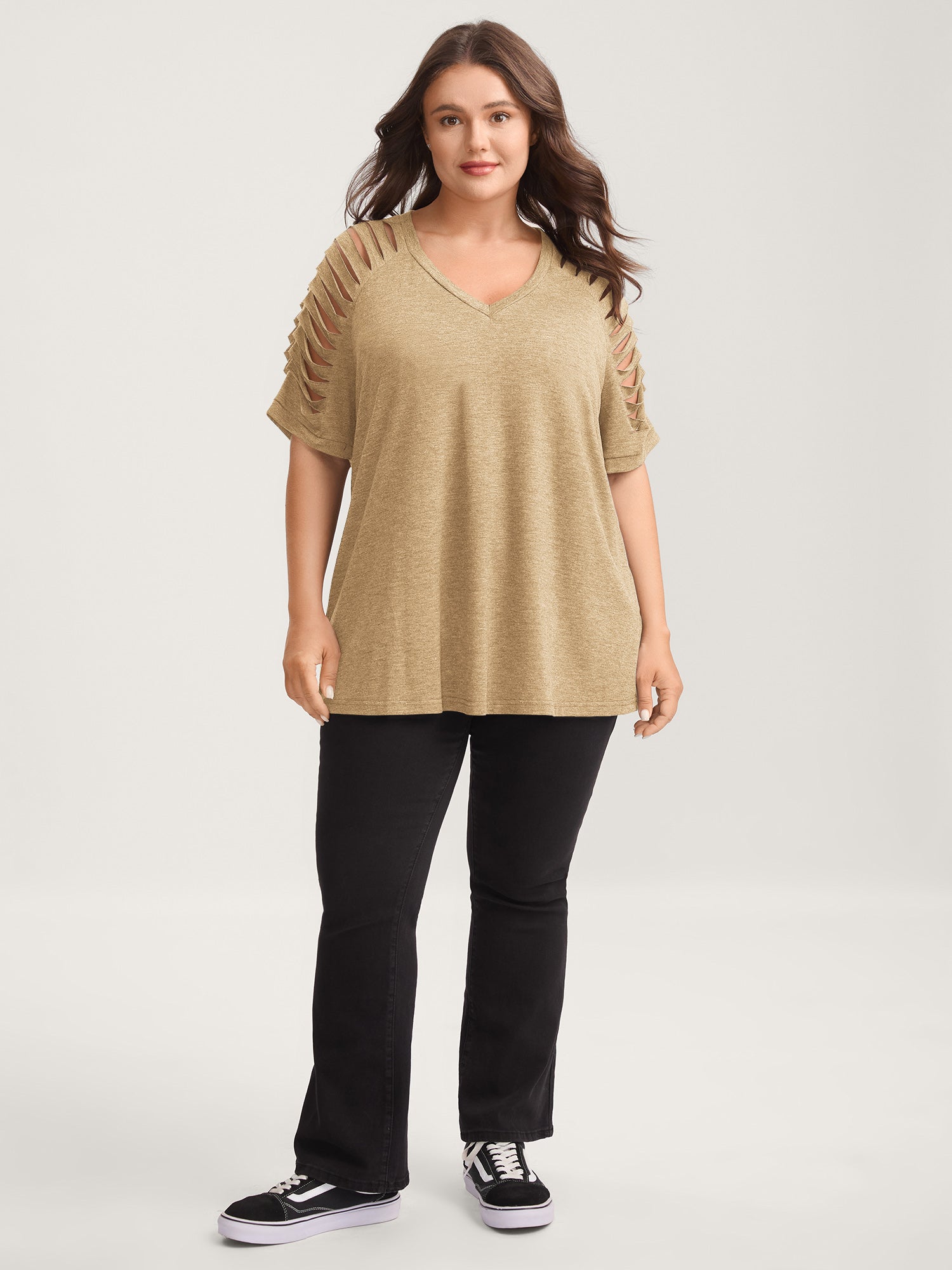 Cut-Out Sleeve V Neck T-Shirt
