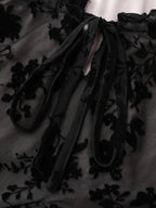 Flocked Floral Drawstring Neckline Knit Top