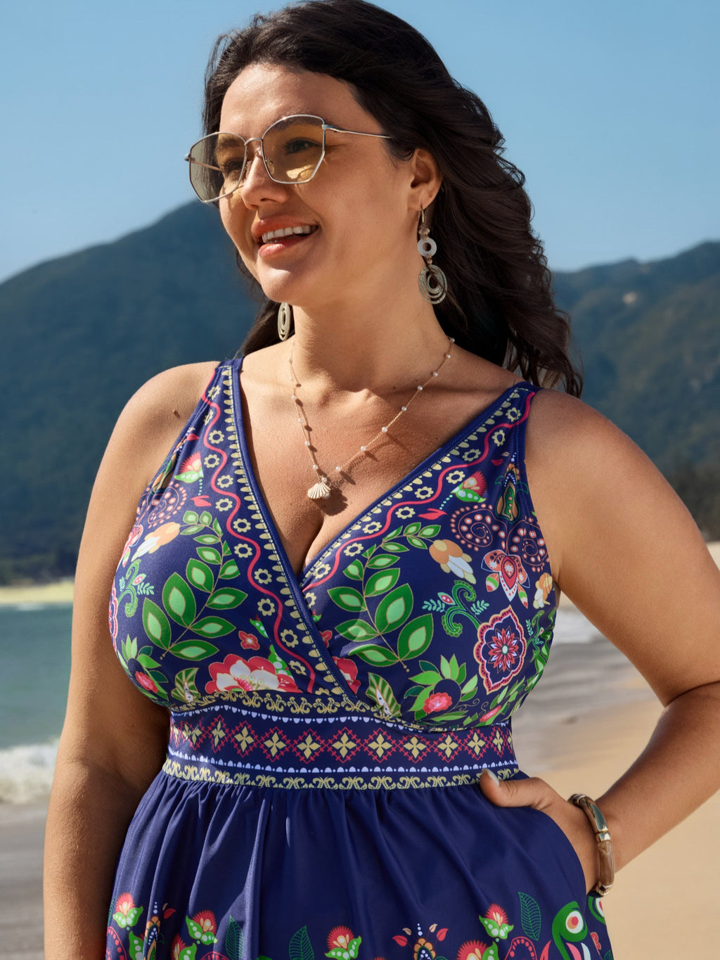 Tropical Print Pockets One-Piece Swimsuit