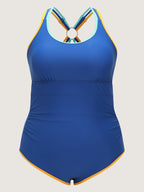 Color Block Ring Detail Backless One Piece Swimsuit