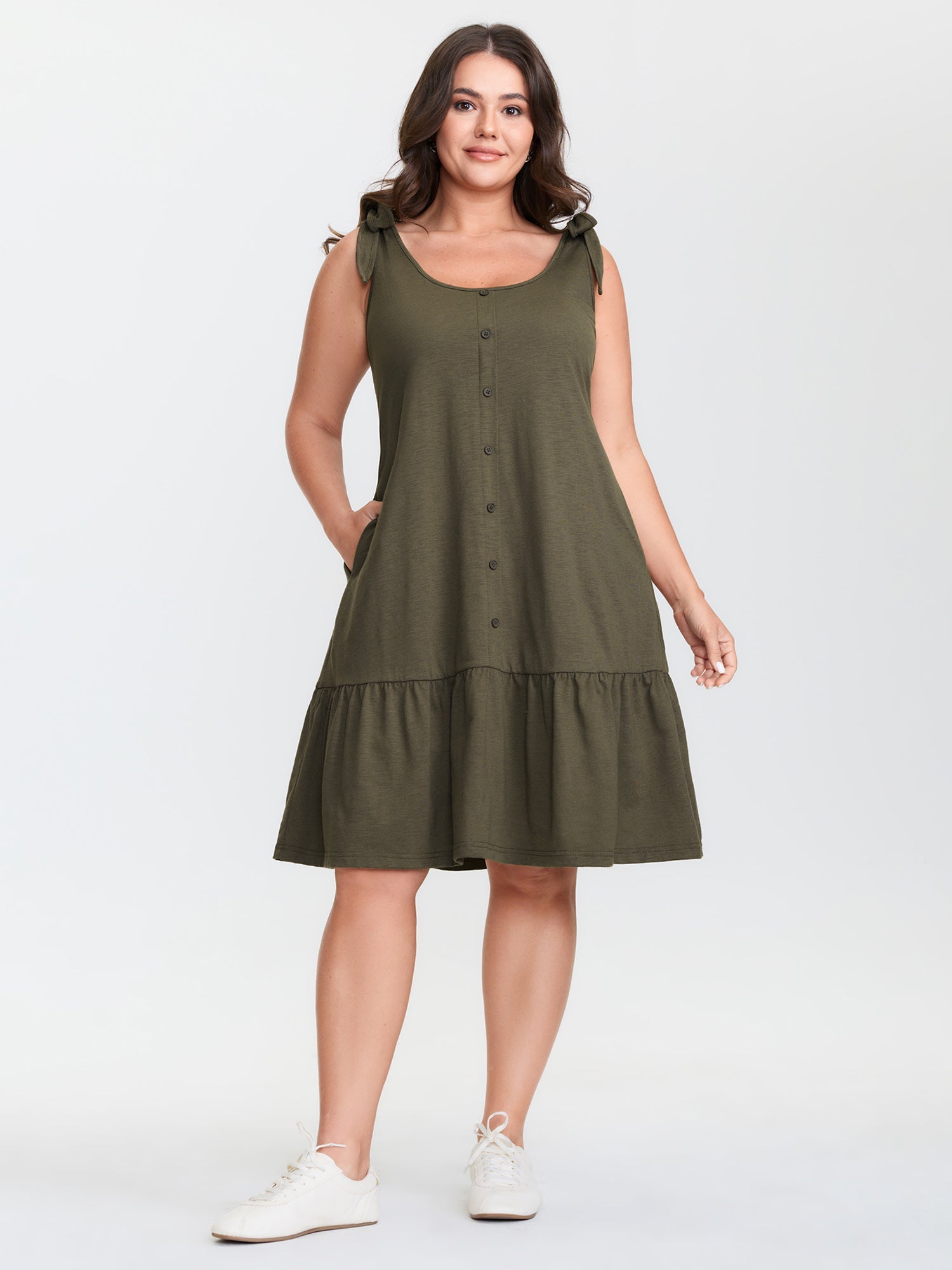 Ruffle Hem Tie Shoulder Pockets Sleeveless Dress