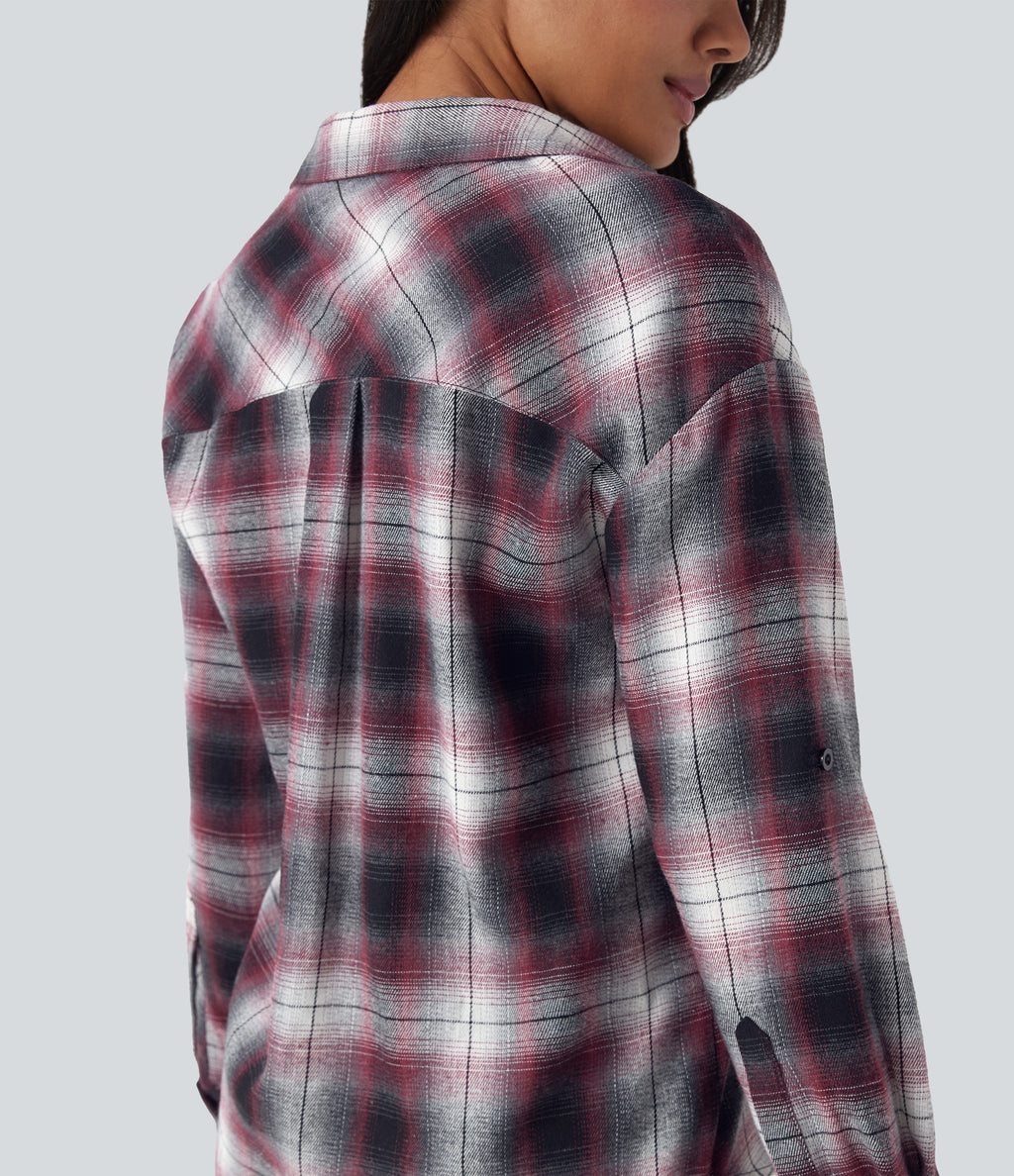 V Neck Curved Hem Plaid Casual Blouse