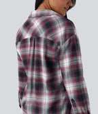 V Neck Curved Hem Plaid Casual Blouse