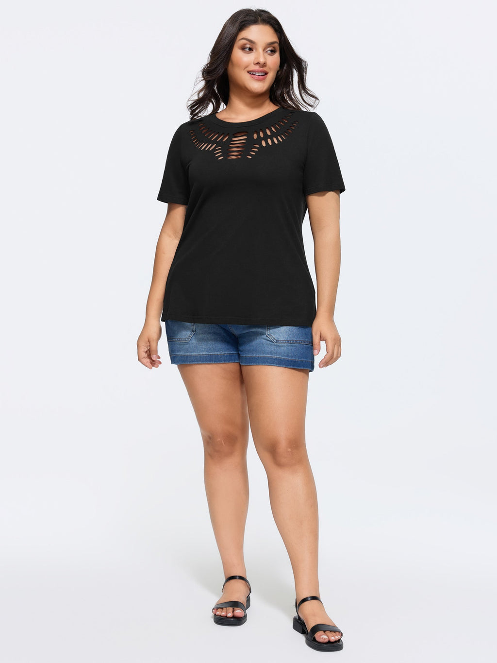Cotton Stretchy Cut-Out Neckline Plain T-Shirt