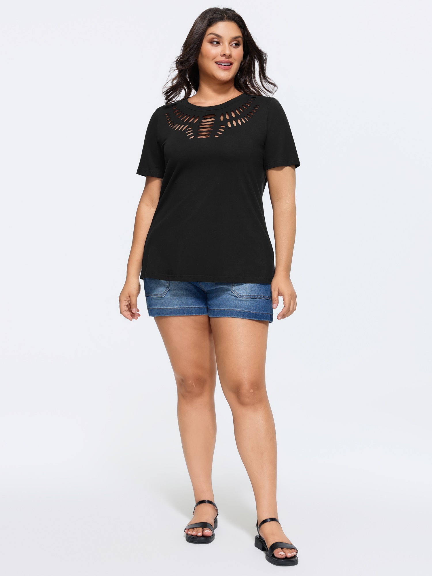 Cotton Stretchy Cut-Out Neckline Plain T-Shirt