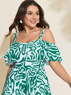Geometric Print Cold-Shoulder Swim Dress