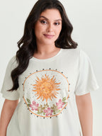 Cotton Sunshine Floral Print Rhinestone T-Shirt