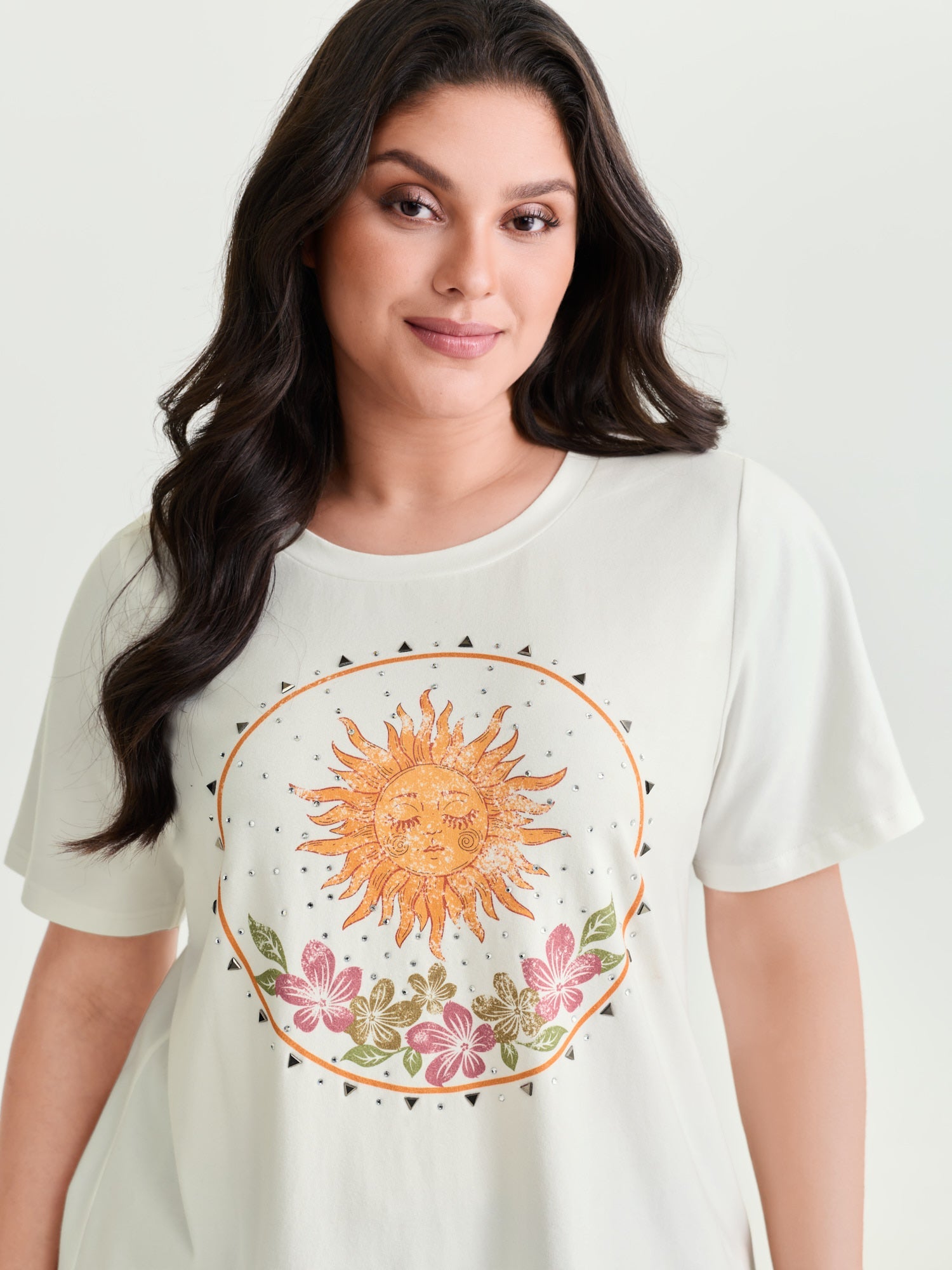 Cotton Sunshine Floral Print Rhinestone T-Shirt