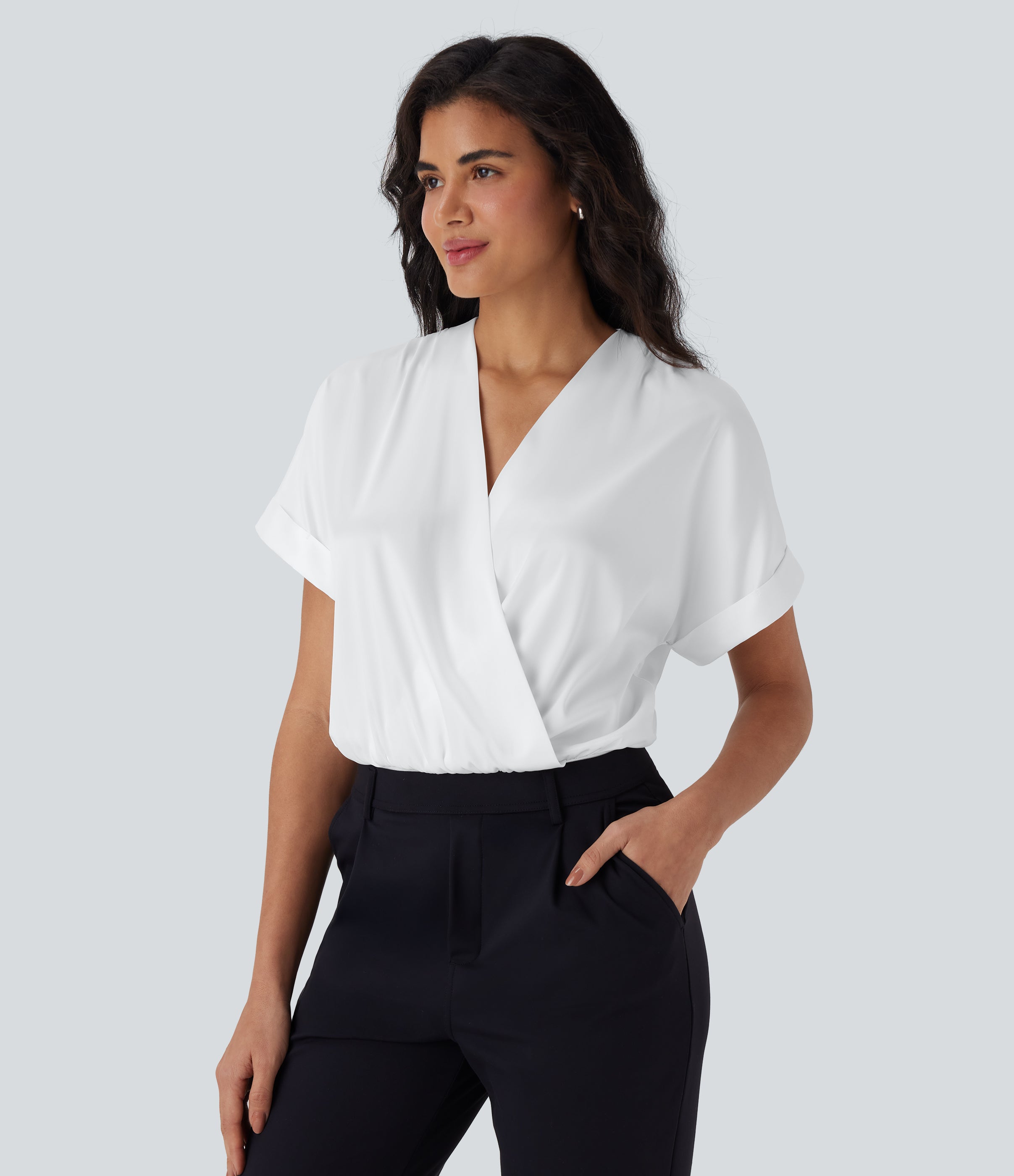 Crossover V-Neck Batwing-Sleeve Snap Satin Work Bodysuit