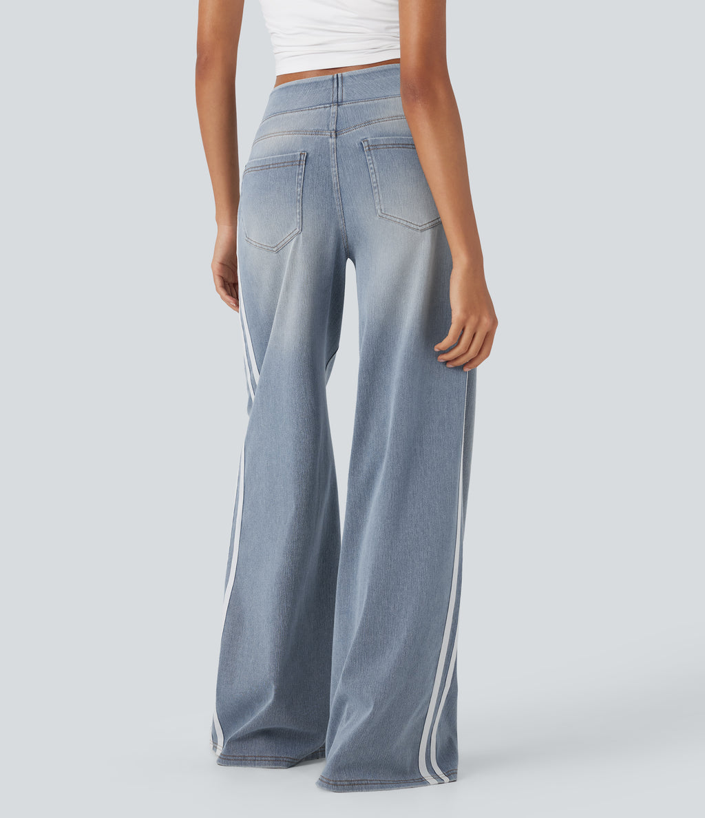 FlexTM High Waisted Stripe Wide Leg Flowy Washed Casual Jeans with Pockets