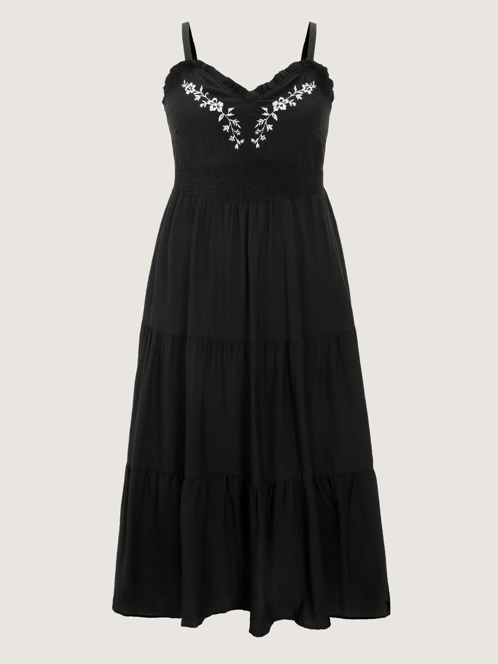 Supersoft Embroidered Neckline Shirred Tiered Maxi Dress