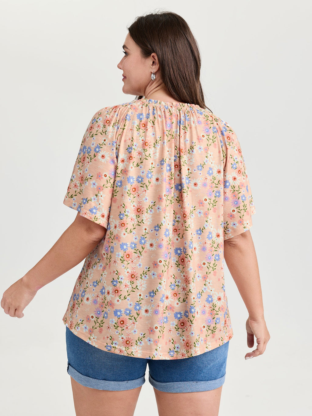Sweet Floral Print Shirred Drawstring Neckline Top
