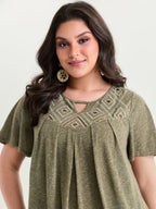 Boho Embroidered Keyhole Neckline Blouse