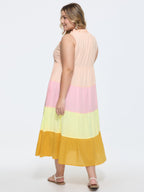Cotton Colorblock Tiered V-Neck Maxi Dress