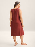 Cotton Toothpick Pleat Plain Midi Dress